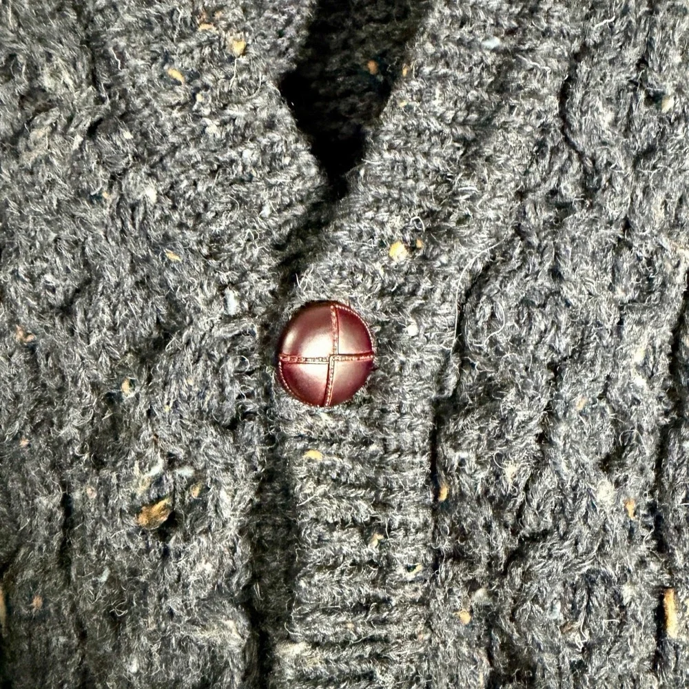 Vintage LL Bean Men's 100% Wool Chunky‎ Cardigan Leather Buttons Gray Ireland XL